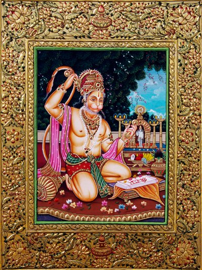 Lord Hanuman miniatyyri maalauspaperi kultaisella kohokuvioinnilla tekijältä School Indian
