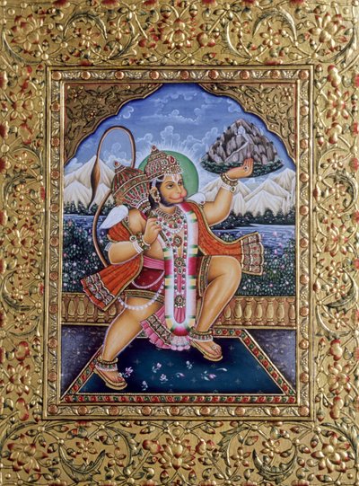 Lord Hanuman miniatyyri maalaus paperille Gold kirjonta tekijältä School Indian