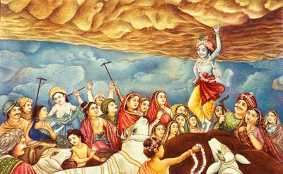 Herra Krishna nostamalla Mountain miniatyyri maalaus tekijältä School Indian