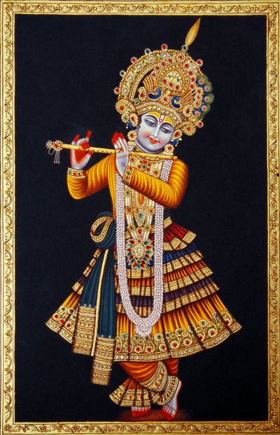 Lord Krishna soittaa huilua miniatyyri maalaus paperille tekijältä School Indian