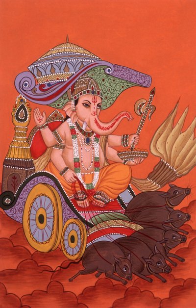 Pienoiskoossa maalaus Elefantti päähän Jumala Ganesh Ganpati, Intia tekijältä School Indian