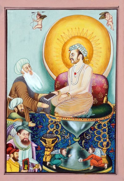 Miniatyyrimaalaus Abul Fazl esittelee Akbarin nimen mogulien keisari Akbarille. tekijältä School Indian