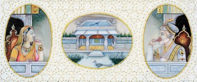 Miniatyyrimaalaus Mogulien keisari Aurangzebin ja vaimon Mehrunnisan kanssa tekijältä School Indian