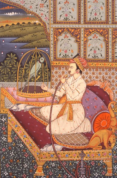 Pienoiskuvamaalaus Moguliprinssi nauttimassa Hookasta, Intia tekijältä School Indian