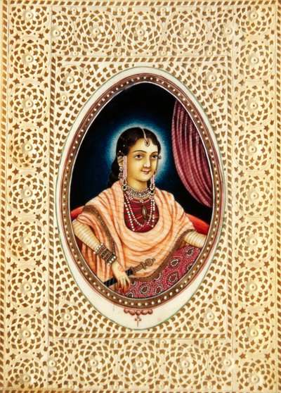 Pienoiskoossa maalaus Mumtaz Mahal norsunluun päällä tekijältä School Indian