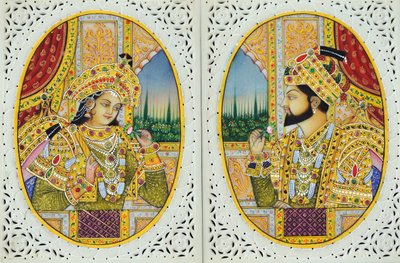 Pienoiskuvamaalaus Shah Jahanista ja vaimosta Mumtaj Mahalista Intia Aasia Intia Aasia tekijältä School Indian
