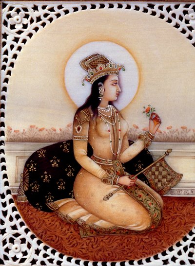 Miniatyyrimaalaus norsunluun prinsessa Mumtaz Mahal vaimo Moguli keisari Shah Jahanin vaimo tekijältä School Indian