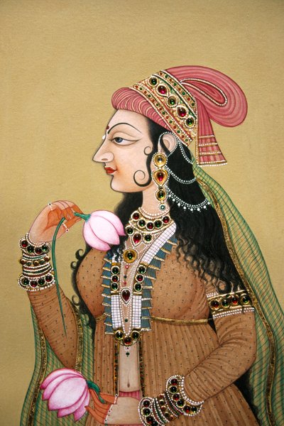 Pienoiskoossa maalaus paperille muotokuva Royal Mugal Lady tekijältä School Indian