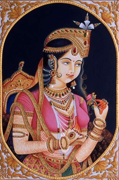 Pienoiskoossa maalaus paperille prinsessa Mumtaz Mahal vaimo Moguli keisari Shah Jahanin vaimo tekijältä School Indian