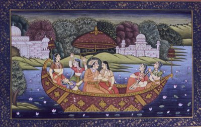 Mughalin miniatyyrimaalaus paperille, kuningas Rakkauskohtaus ja musiikista nauttiminen veneessä tekijältä School Indian