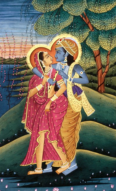 Maalaus Krishna Jumalasta ja hänen suurimmasta hartaastaan Radhasta, Intia tekijältä School Indian