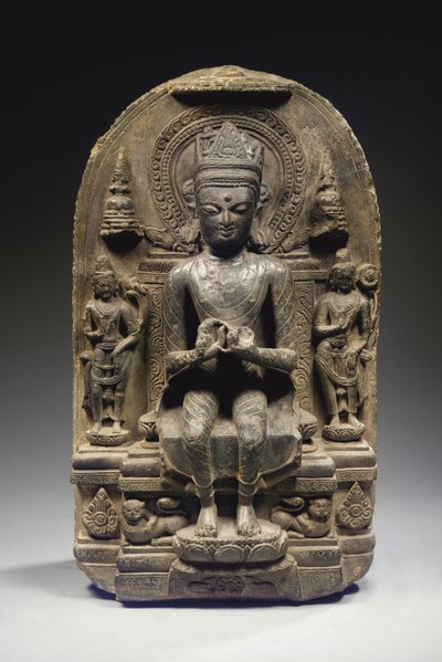 Pala tyylinen Stele kruunatun Buddhan kanssa, Koillis-Intia tekijältä School Indian