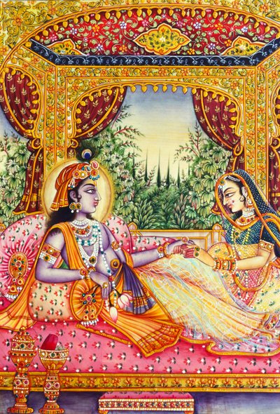 Radha Krishna miniatyyri maalaus norsunluun päällä tekijältä School Indian