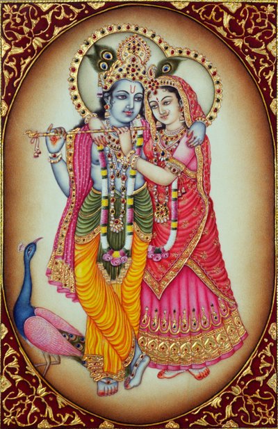 Radha Krishna miniatyyri maalaus norsunluun päällä tekijältä School Indian