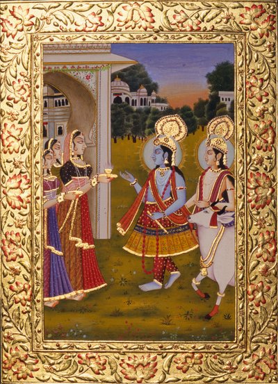 Radha Krishna miniatyyri maalaus paperille kultaisella kohokuvioinnilla tekijältä School Indian