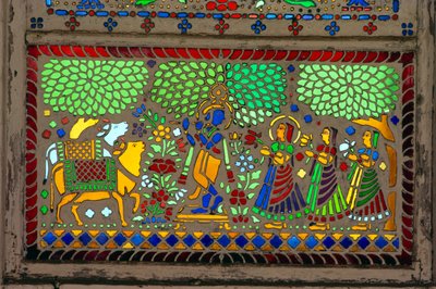 Radha Krishna ja Sakhi on lasimaalauksia lasi tekijältä School Indian