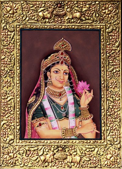 Radha miniatyyri maalaus paperille kultaisella kohokuvioinnilla tekijältä School Indian