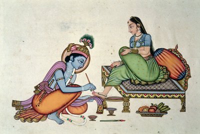 Radha ja Krishna (guassi ja akvarelli paperille) tekijältä School Indian