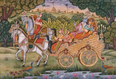 Radha ja Krishna (guassi ja akvarelli paperille) tekijältä School Indian