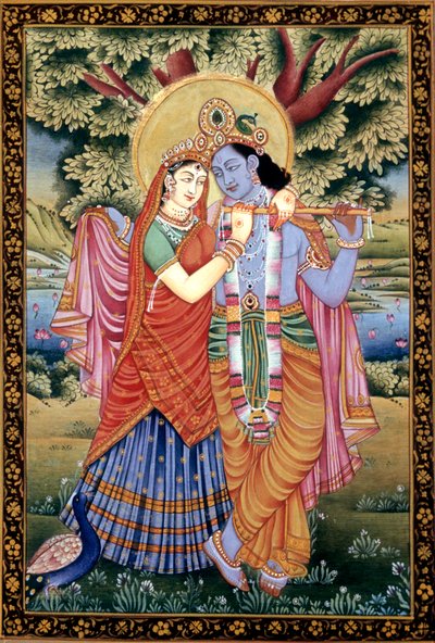 Radha ja Krishna Love Scene Miniatyyri maalaus paperille tekijältä School Indian