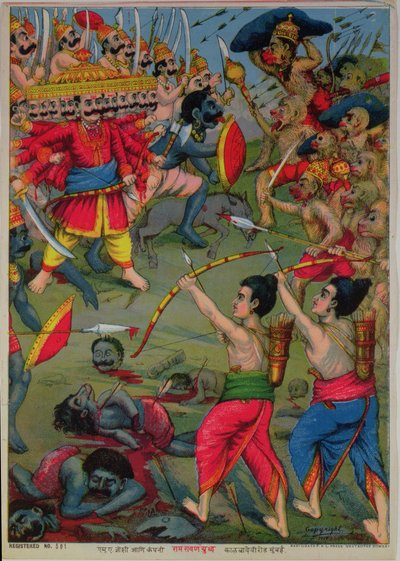 Rama ja Lakshmana taistelussa Ravanaa vastaan, Ramayana-eepos, n.1914 (kromoliittikuva) tekijältä School Indian