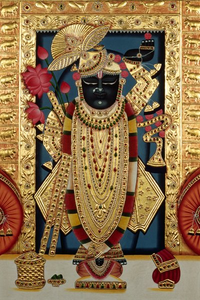 Shri Lord Shree Nathji tai Shreenathji Nathdwarassa Miniatyyri maalaus paperille kultaisella kohokuvioinnilla tekijältä School Indian