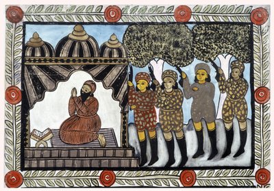 Tarina 11. syyskuuta 2001 tehdyistä hyökkäyksistä, jonka kertoivat bengalilaiset kauppiaat Baul. Maalaus, sarja, numero 1/9, Bengal. tekijältä School Indian