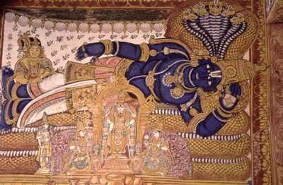 Seinämaalaus käärmeen päällä lepäävästä Vishnu-jumalasta (fresko) tekijältä School Indian