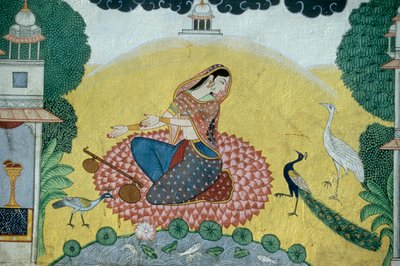 Nainen ja Rudra Veena miniatyyrimaalaus, Intia tekijältä School Indian