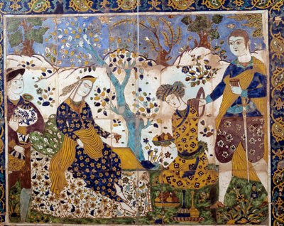 Iranilainen taide: yksityiskohta azulejosta, joka edustaa portugalilaista lähetyssaarnaajaa persialaisten keskuudessa. 1600-luvun amerikkalainen kokoelma tekijältä School Iranian