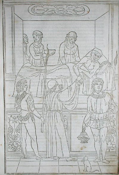 Lääkäri vierailee potilaan luona, Johannes de Kethamin (d.c.1490) teoksesta Fascilulus Medicinae, 1400-1500-luku (puupiirros) tekijältä School Italian