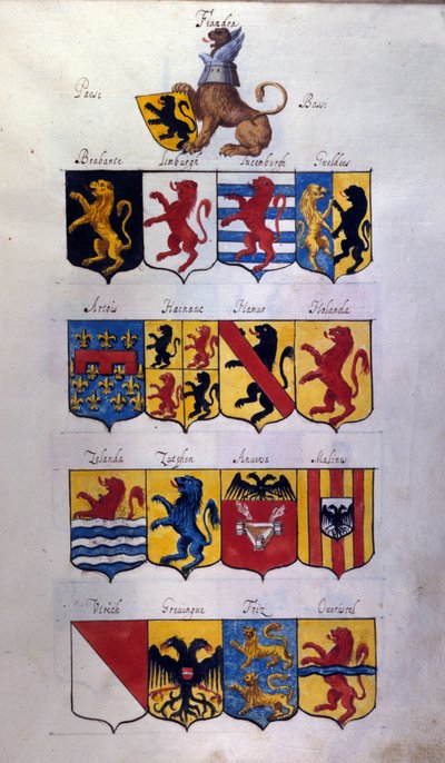 Alankomaiden Blazon (Hollanti, Flanderi, Hainaut) lohikäärmeiden kanssa, Milanon Archivio di Stato tekijältä School Italian