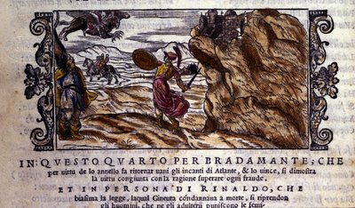 Bradamante repi Brunelilta lumoavan sormuksensa, jonka ansiosta hän tuhoaa Atlantin voiman ja luovuttaa Rogerin (Ruggero, Ruggiero), kohtauksen Ludovico Arioston (1474 - 1533) ritarirunosta "Orlando Furioso" (The Furious Roland) dit L. 