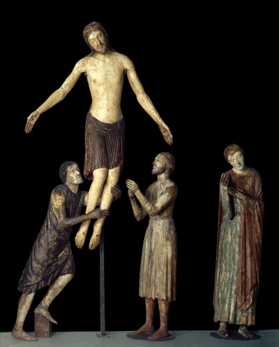 Ristilasku. Pyhä Johannes, Pyhä Joosef Arimatialainen, Pyhä Nikodeme Jeesuksen Kristuksen ympärillä kuollut. Puuveistos. Italian anonyymi keskiajan koulu. Pariisi, Louvre-museo tekijältä School Italian