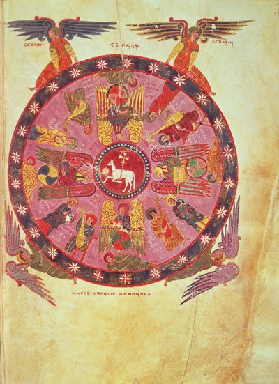 Ms M. 644 f.87 Ilm. 4:4 Karitsan palvonta kahdenkymmenenneljän vanhimman toimesta, kopio Beatus Liebanan ja Valcavadon "Apokalypsi-kommentaarista", 776 (pergamentti). tekijältä School Italian