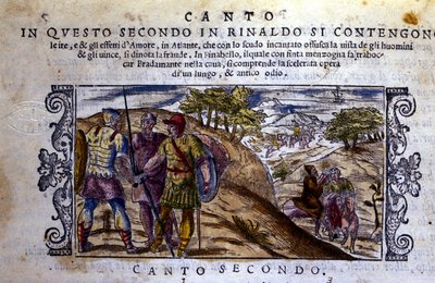 Oikealla Angelique (Angelica) tapaa erakon, joka lopettaa Renaudin (Rinaldo) ja Sacripantin (Sacripante) taistelun Bayardin hevosesta - Kohtaus Ludovico Arioston (Le Roland Furieux) ritarirunosta "Orlando Furioso" (Le Roland Furieux). 1474-1533) tekijältä School Italian