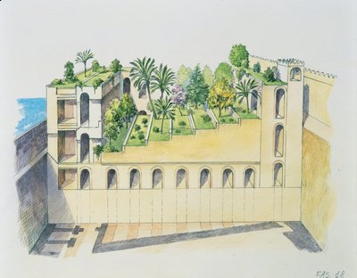 Nebukadnessarin palatsi, Babylon, riippupuutarhoineen (värinen lito) tekijältä School Italian