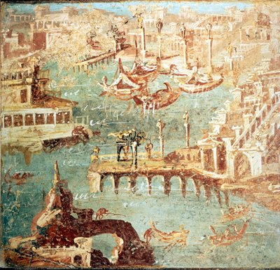 Pozzuolin satama (Pozzuoli) lähellä Napolia. Museo Nazionale de Naples tekijältä School Italian