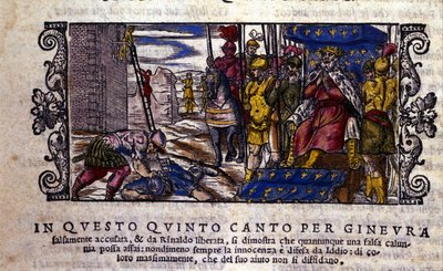 Prinsessa Ginevra on syytön ja taistelu panettelun ja Ginevraa puolustamaan tulleen tuntemattoman ritarin välillä keskeytyy. kohtaus Ludovico Arioston (1474 - 1533) ritariruno "Orlando Furioso" (The Furious Roland) nimeltä L