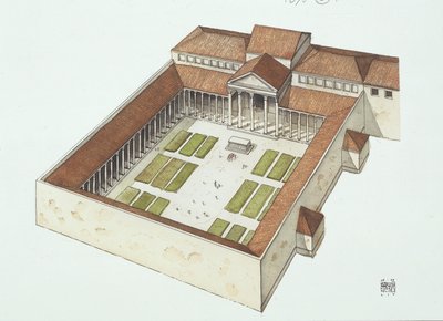 Titus Flavius Vespasianuksen rakentama kunnostettu foorumi (väri litho) tekijältä School Italian