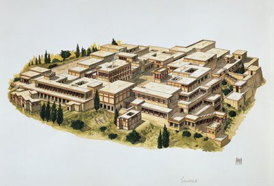 Knossoksen palatsin jälleenrakennus, Kreeta, 1900-luku eKr. (värilitho) tekijältä School Italian