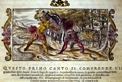 Kuvaus taistelusta Ferragusin, tattari ja Renaudin (Rinaldo) välillä, molemmat rakastuivat kauniiseen Angelicaan (Angelica), kohtaus Ludovico Arioston (1474-1533) ritarirunosta "Orlando Furioso" (Raivoissaan Roland) nimeltä L