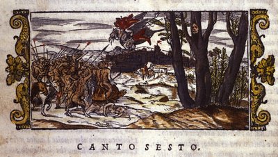 Hippogriffi kuljettaa Ruggieron Alcinan saarelle, missä hirviöiden armeija hyökkää hänen kimppuunsa, kohtaus Ludovico Arioston (1474-1533) "Orlando Furiososta" tekijältä School Italian