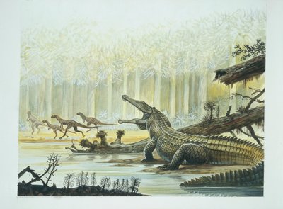 Rutiodon ja Fabrosaurus taustalla, triaskausi (väri litho) tekijältä School Italian