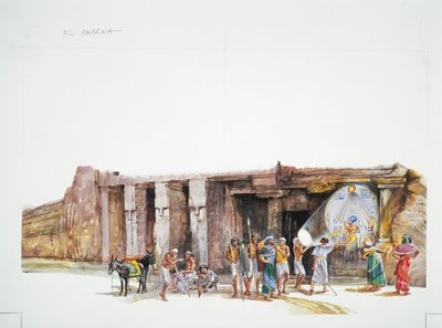 Tell el-Amarna - Aton-jumalan palvonnan rekonstruktio, kuvattuna aurinkokiekkoina (värilitografia). tekijältä School Italian