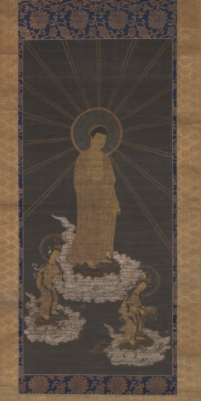 Descent of Amida tai Raigo, Muromachi Period n. 1333-1568 (muste kankaalle) tekijältä School Japanese