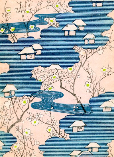 Kimonomalli: Mökkejä, joissa on jokia ja kirsikankukkia, n. 1900 (värillinen puupainatus) tekijältä School Japanese