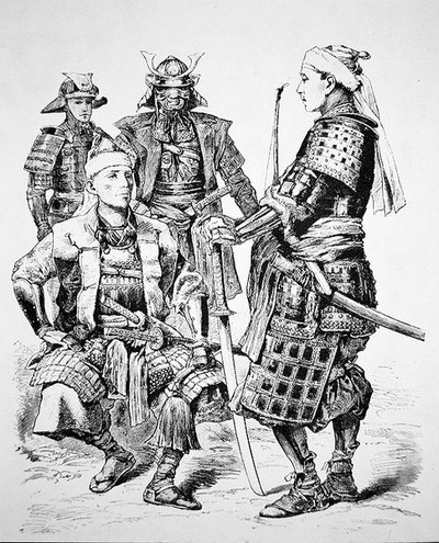 Vanhan Japanin samurai perinteisessä puvussa ja haarniskassa (litho) tekijältä School Japanese