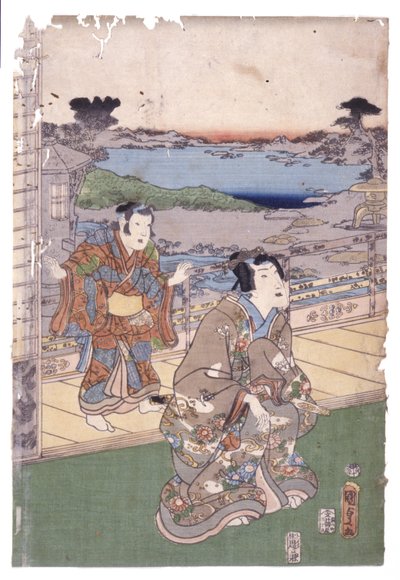Yläluokan mies ja poika (matka) (värillinen puupiirros) tekijältä School Japanese