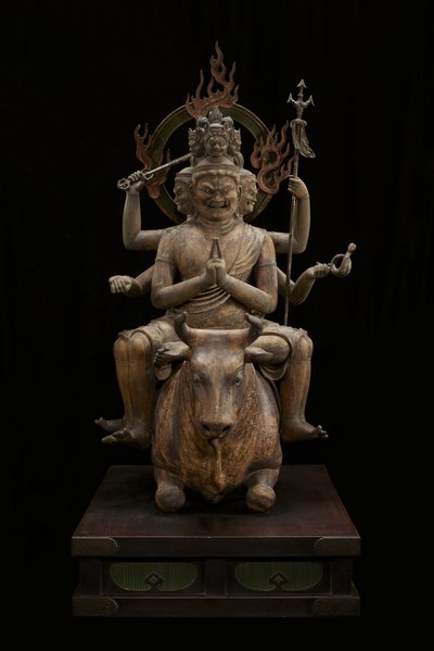 Wisdom King of Awe-inspiring Power (Daiitoku Myōō) (monivärinen puu kristalli, kultalehti ja metalli) tekijältä Japanese School